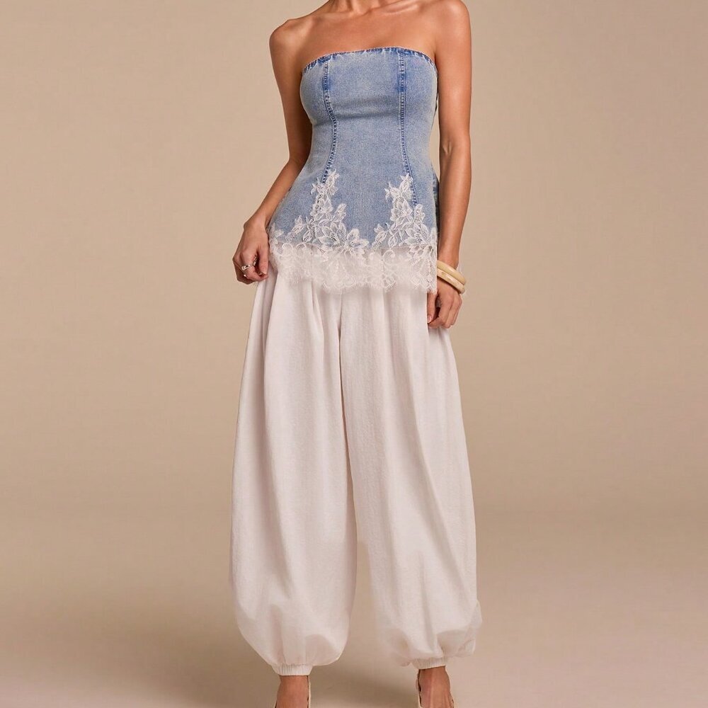 Blue Casual Women's Fitted Bustier with Contrast Lace Top - Picture 2 of 6